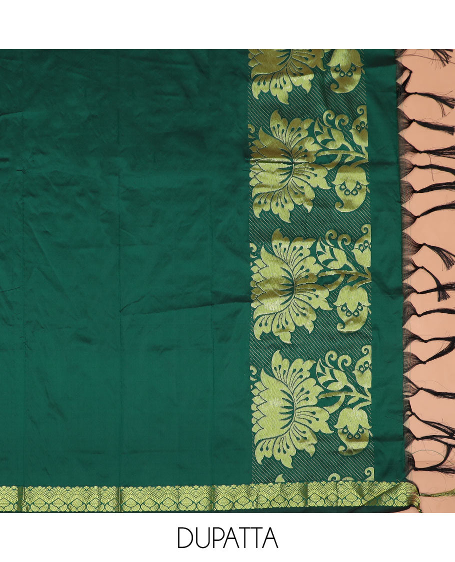 Pink floral vine jacquard art-silk half-saree, contrast jacquard blouse, and a floral design dhavani