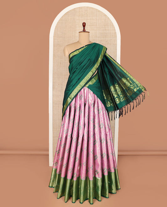 Pink floral vine jacquard art-silk half-saree, contrast jacquard blouse, and a floral design dhavani