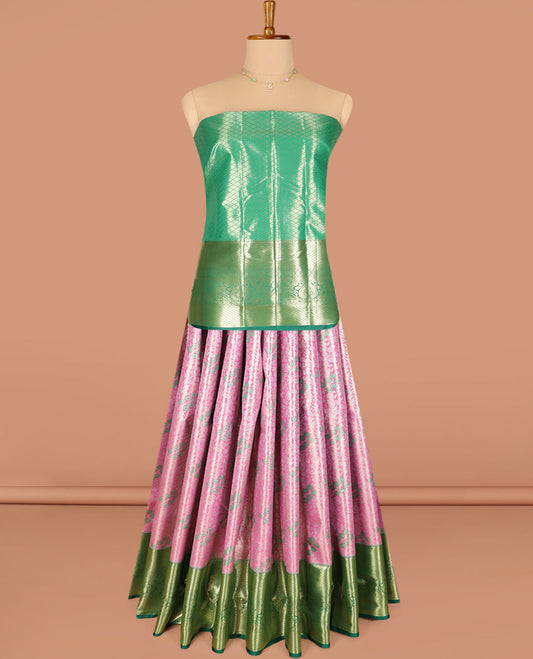 Pink floral vine jacquard art-silk half-saree, contrast jacquard blouse, and a floral design dhavani