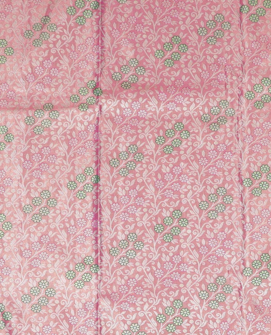Pink floral vine jacquard art-silk half-saree, contrast jacquard blouse, and a floral design dhavani