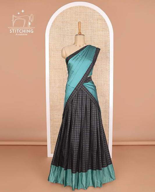 Black checked poly-cotton half saree with contrast border, plain blouse & blue plain, checked border dhavani