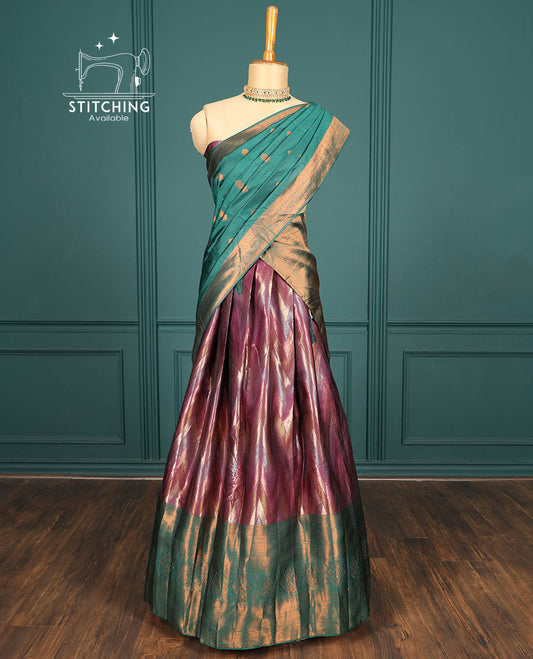 Maroon chevron artsilk halfsaree,contrast traditional zari design & stonework border,jacquard blouse & intricate dhavani