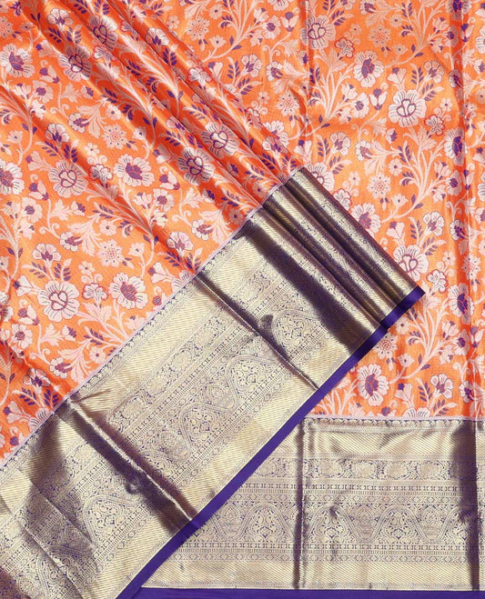 Orange Art Silk Material Half Saree Set, Majestically Detailed with Floral Jacquard Design Skirt, a Contrast Traditional Zari Design Border, Contrast Zari-Jacquard Blouse, and a Dhavani of Paisley Designs