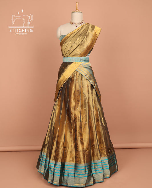 Brown  buttas half saree with contrast blue striped border, ogee zari design blouse & butta , striped zari design dhavani