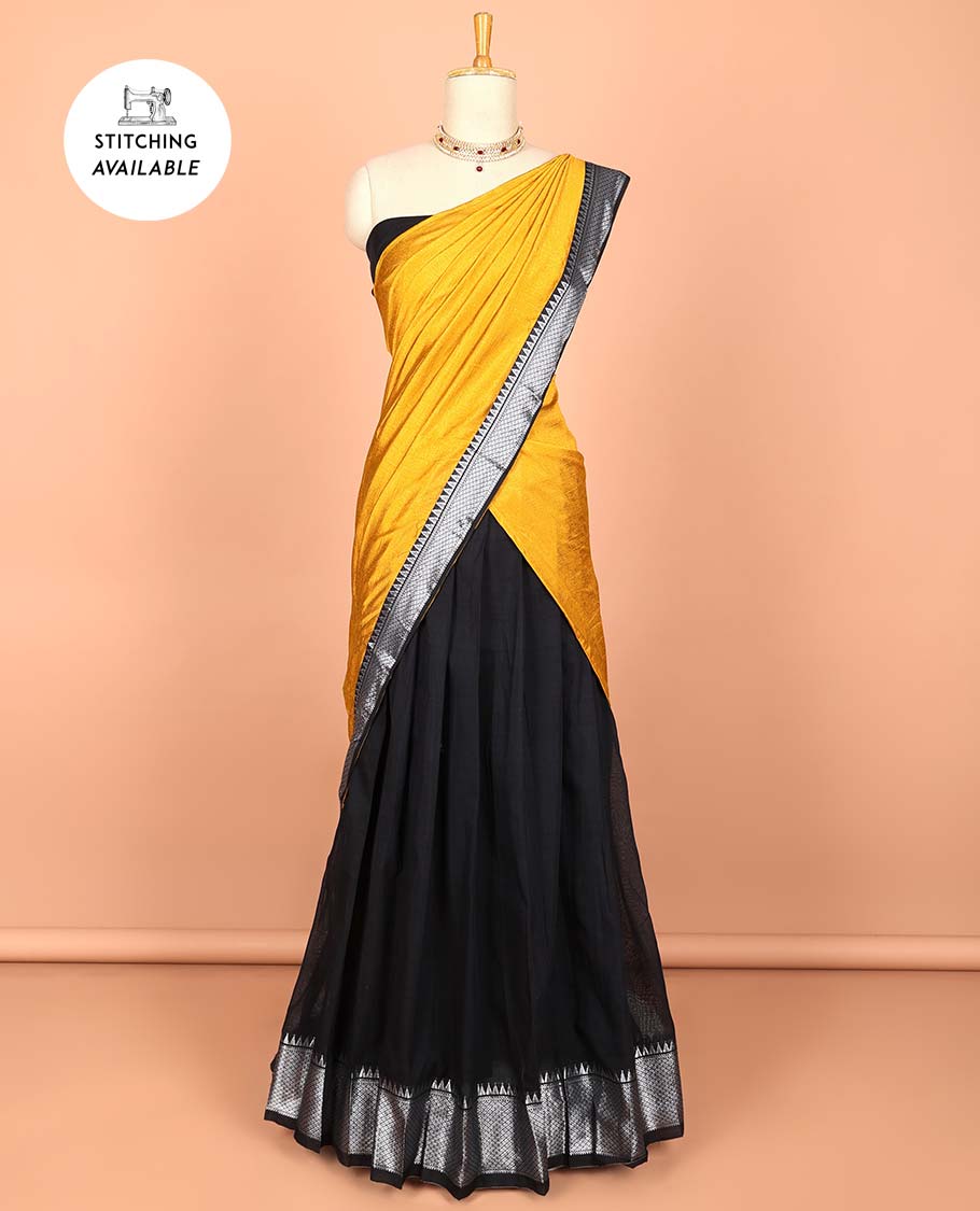 Green cotton half saree with contrast zari border, plain blouse & plain with zari border dhavani