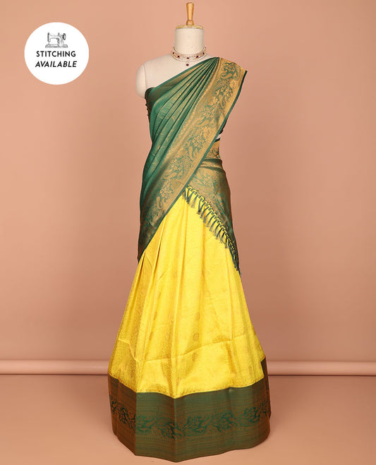 Yellow floral jacquard banaras half saree with contrast intricate zari design border, zari design blouse & floral zari design dhavani