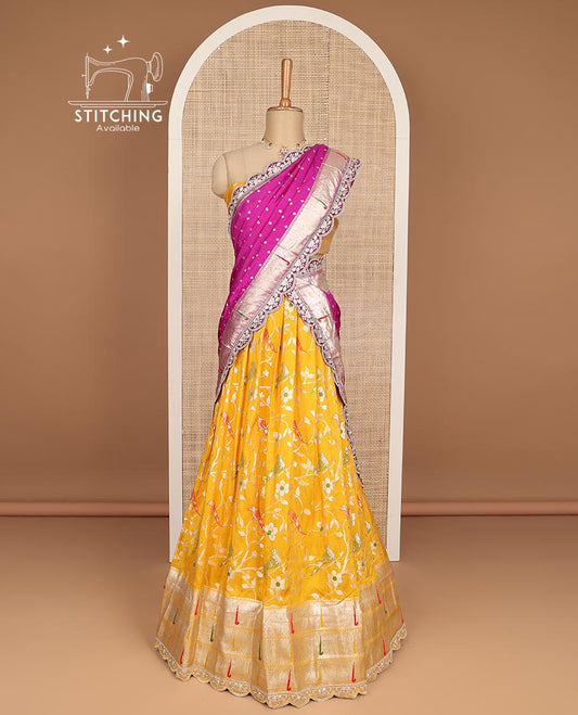 Yellow floral,animal embroidery tissue half saree with self embroidery border, zari design blouse & floral vine design dhavani