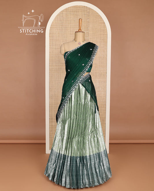 Green floral jacquard half saree with contrast intricate zari border, embroidered blouse & floral embroidery scallop border dhavani