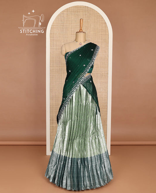 Green floral jacquard half saree with contrast intricate zari border, embroidered blouse & floral embroidery scallop border dhavani