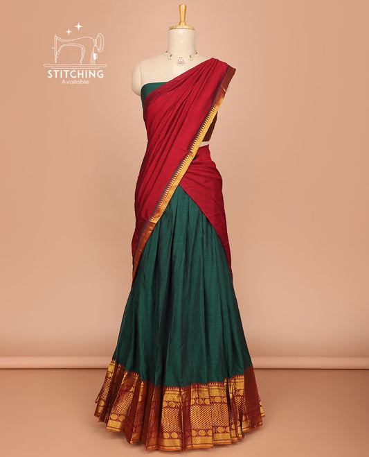 Green cotton half saree with contrast traditional zari design border, zari design blouse & plain, temple border dhavani