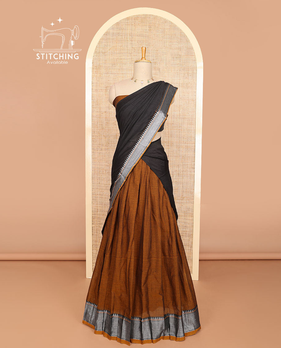 Brown cotton half saree with self zari design border, zari design blouse & plain, temple, checked design border dhavani