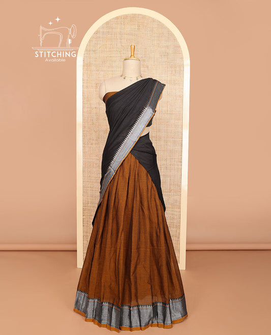 Brown cotton half saree with self zari design border, zari design blouse & plain, temple, checked design border dhavani