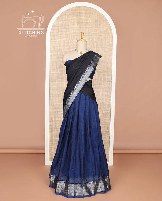 Dark blue cotton half saree with contrast zari design border, zari design blouse & plain, zari design border dhavani