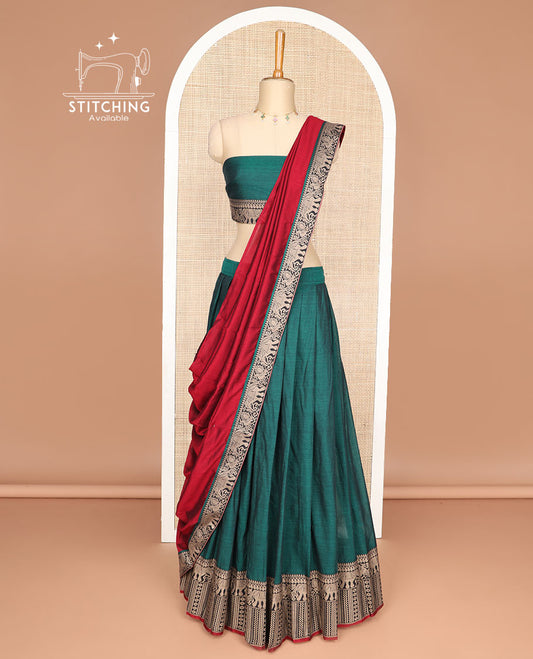 Green cotton half saree with contrast intricate zari design border, elephant design blouse & elephant design border dhavani