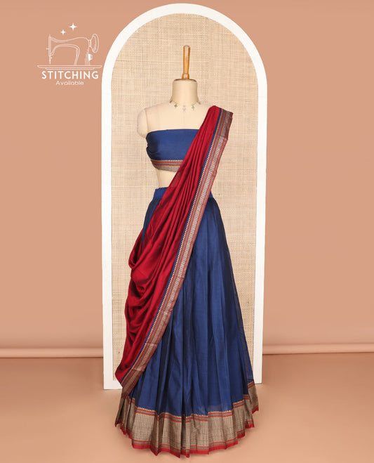 Blue cotton half saree with contrast intricate zari design border, zari design blouse & zari design border dhavani