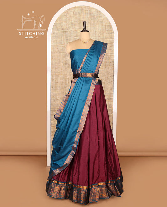 Maroon Art Silk Half-Saree Featuring Plain Skirt, Complemented by Contrast Traditional Zari Design Border, Paired with a Contrast Blouse, Contrast Zari-Bordered Dhavani, and Brocade Belt