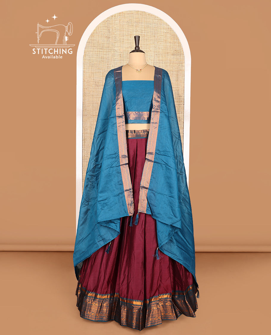 Maroon Art Silk Half-Saree Featuring Plain Skirt, Complemented by Contrast Traditional Zari Design Border, Paired with a Contrast Blouse, Contrast Zari-Bordered Dhavani, and Brocade Belt