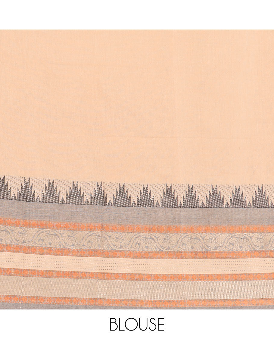 Sandal cotton half-saree, plain with traditional motifs woven bordered skirt, matching blouse, and a contrast bordered dhavani
