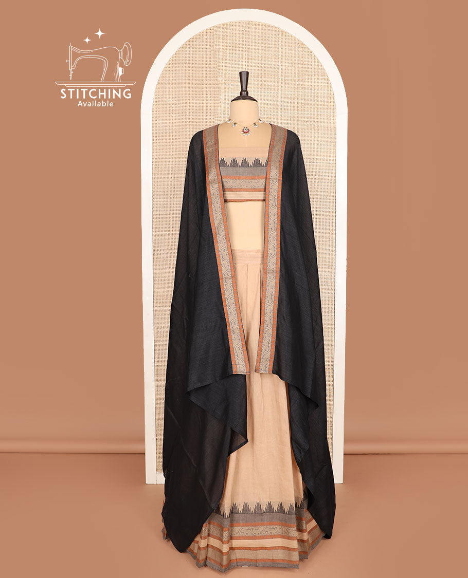 Sandal cotton half-saree, plain with traditional motifs woven bordered skirt, matching blouse, and a contrast bordered dhavani
