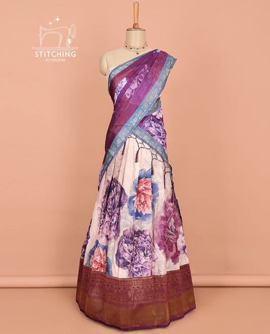 Multi-color floral printed art silk half saree, contrast traditional border, floral printed blouse & intricate pallu