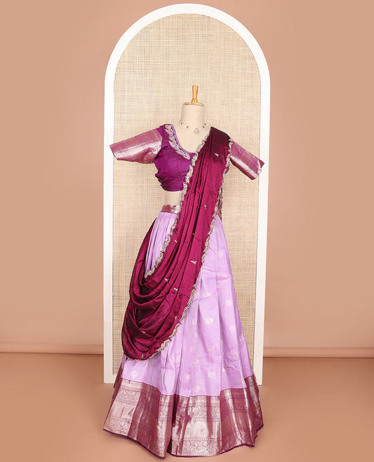 Lavender checked, floral art silk half saree with contrast zari design border, embroidered blouse & floral embroidery dhavani