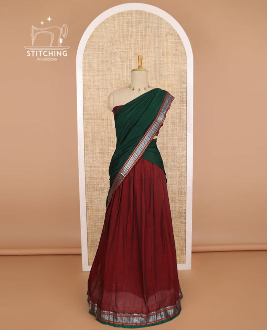 Red cotton half saree with contrast traditional zari design border, zari design blouse & plain, zari design border dhavani