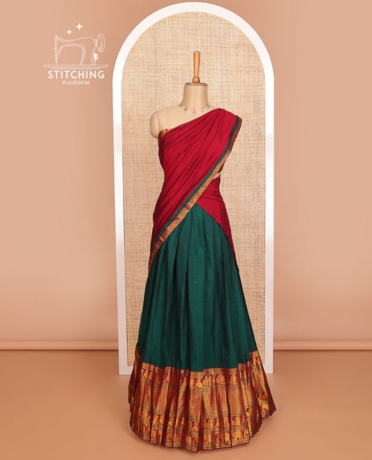 Green cotton half saree with contrast traditional zari design border, zari design blouse & plain, zari design border dhavani