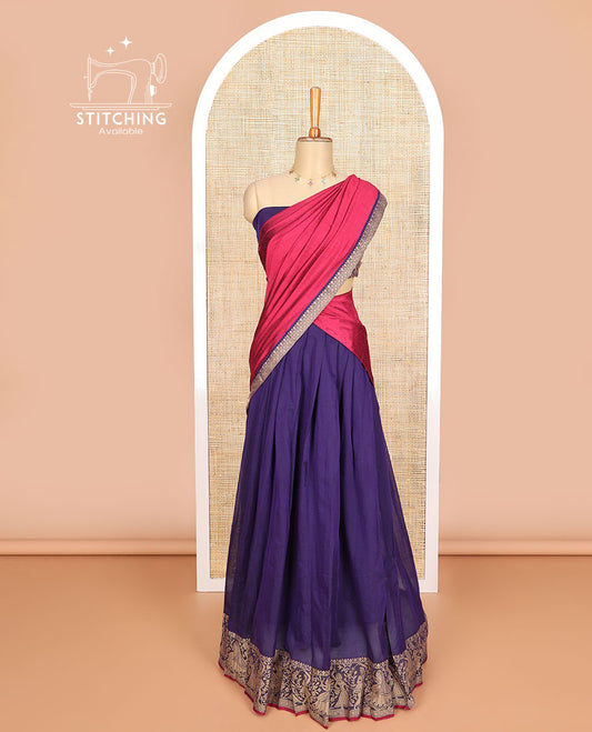 Purple cotton half saree with contrast wedding design border, zari design blouse & plain , zari design border dhavani