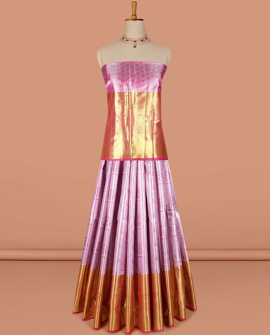 Lavender floral buttas art-silk half saree, contrast traditional zari border,zari design blouse & striped geometric dhavani