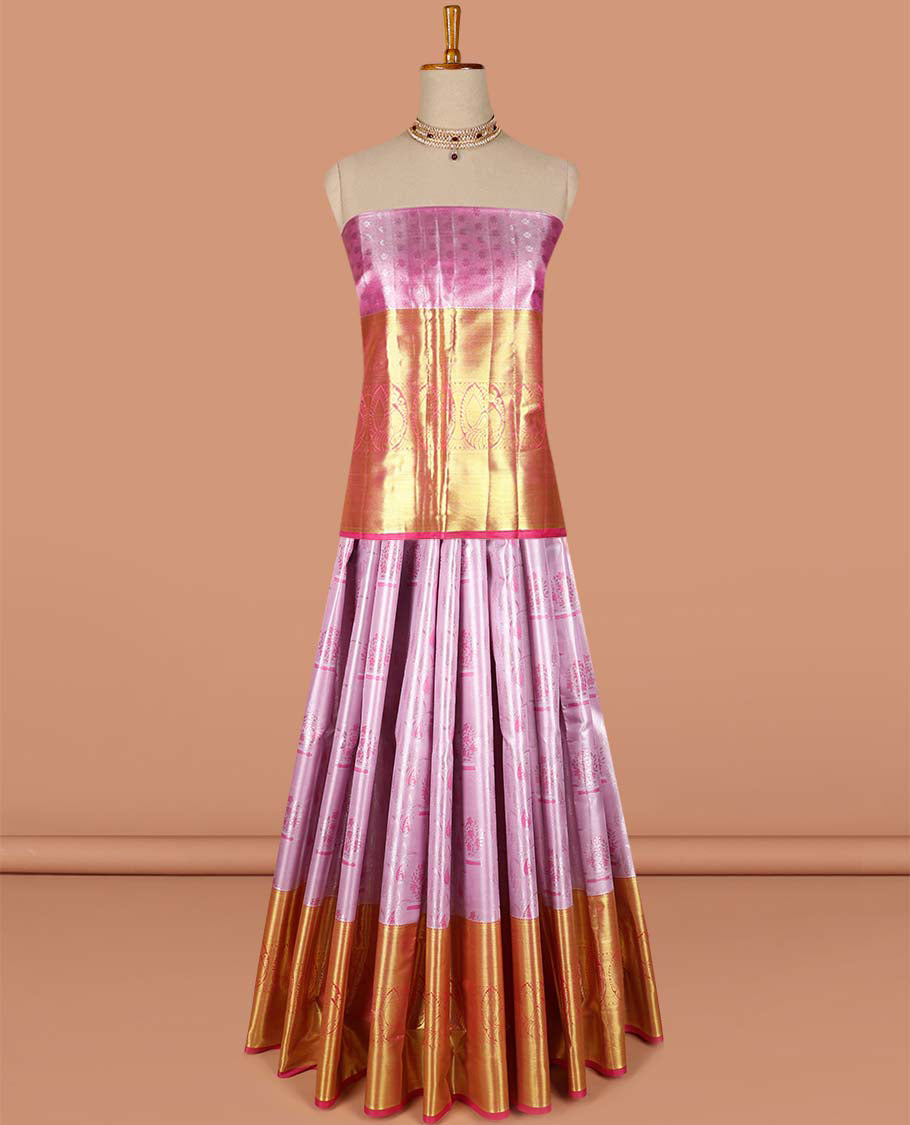 Lavender floral buttas art-silk half saree, contrast traditional zari border,zari design blouse & striped geometric dhavani
