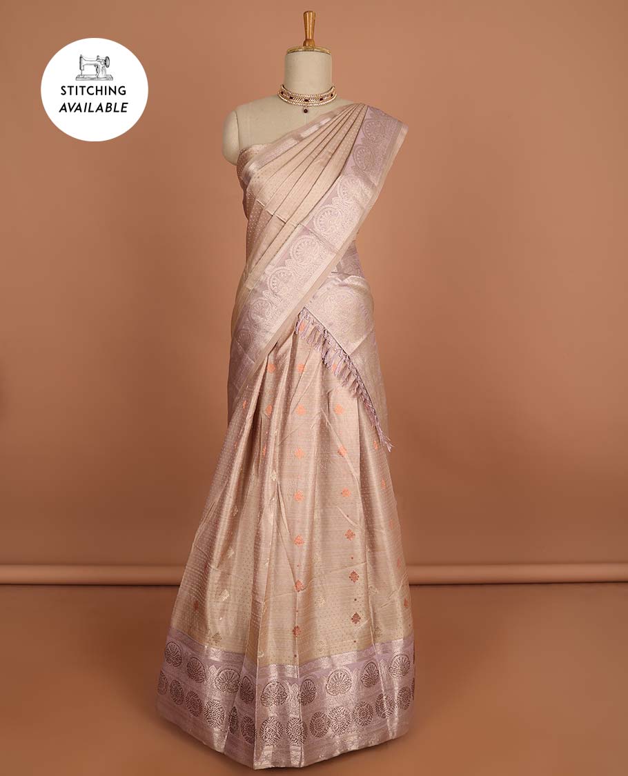 Green floral buttas half sare with contrast zari border, zari design blouse & intricate zari design dhavani