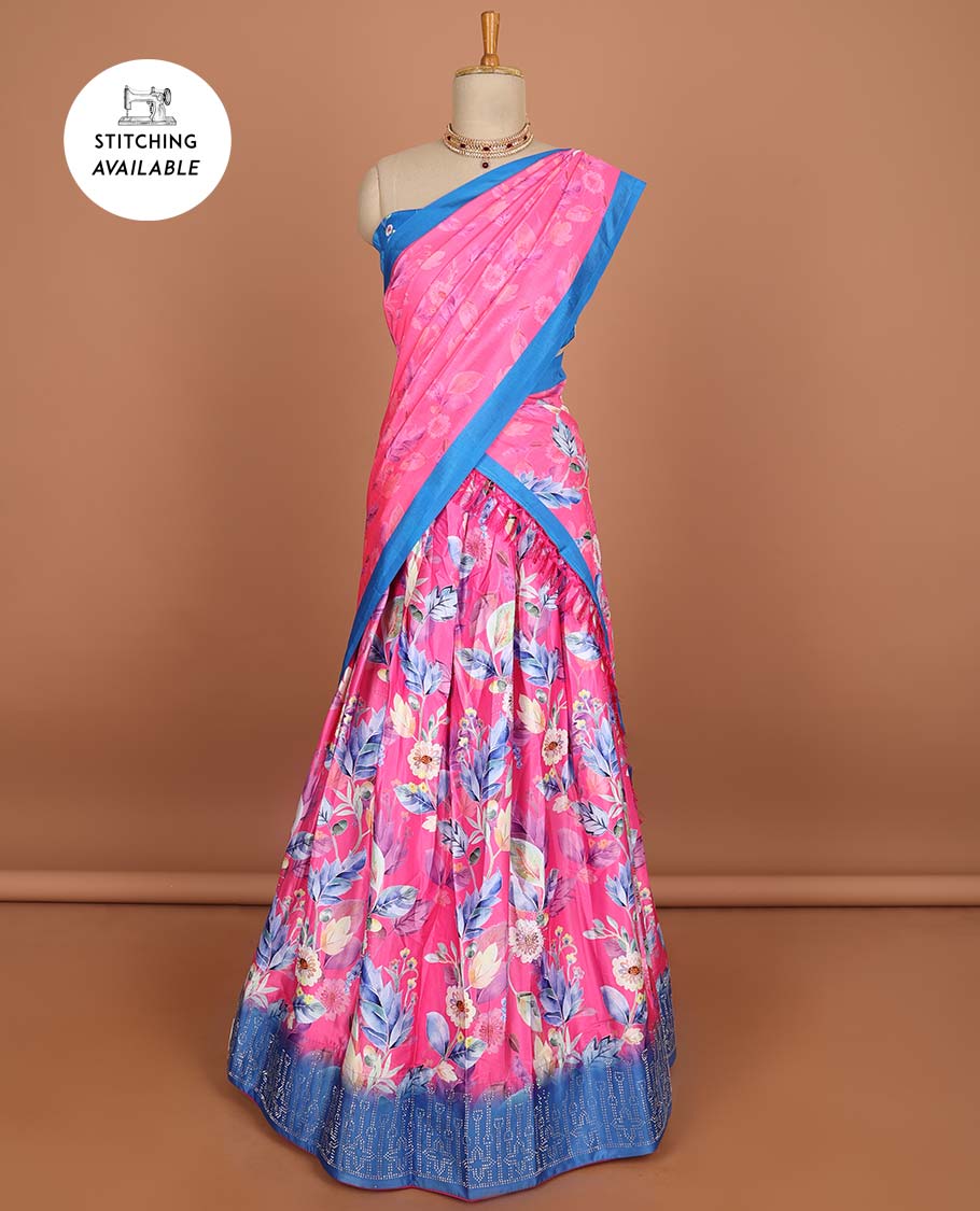 Pink floral design half saree with contrast border, unique design blouse & floral design dhavani