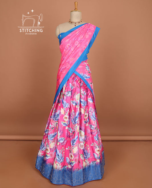 Pink floral design half saree with contrast border, unique design blouse & floral design dhavani