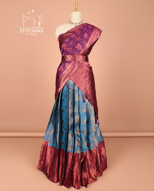 Blue floral buttas half saree with contrast zari border, zari design blouse & floral zari design dhavani