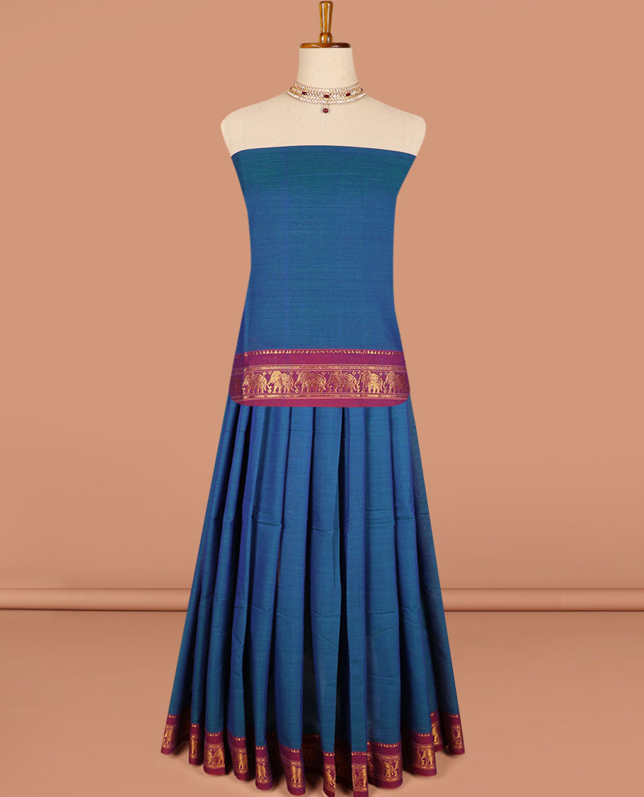 Purple cotton half saree contrast zari border with plain blouse & plain dhavani with contrast elephant zari border