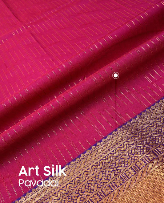 Magenta art silk pavadai material, zari buttas with contrast traditional zari bordered skirt, and a contrast bordered blouse