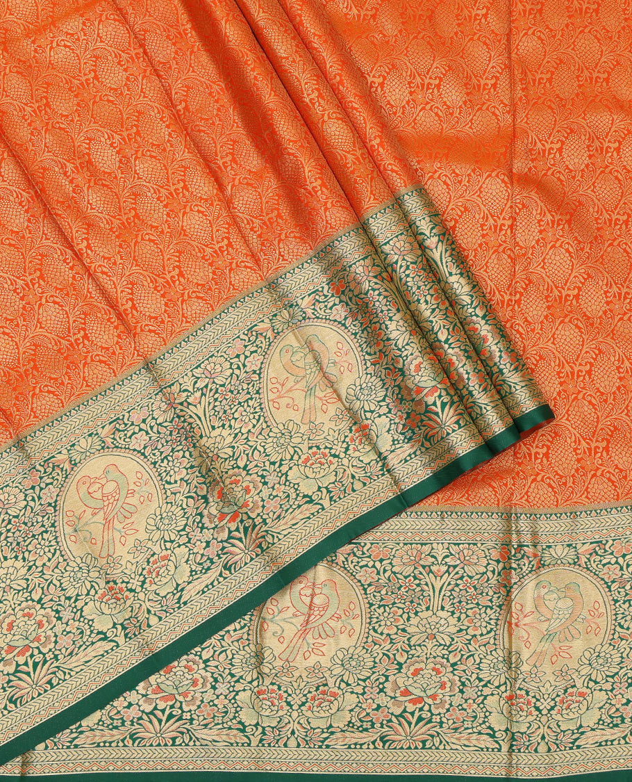 Orange Art Silk Pavadai Material, Delicately Woven with Jacquard Design, Contrast Floral-Bird Zari Design Border, and a Contrast Blouse
