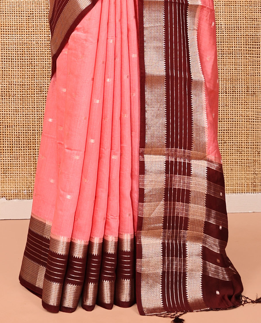 Peach Assam Silk Saree, Mesmerized with Zari Buttas, Complemented by Contrast Traditional Zari Border, Striped Pallu, and Contrast Blouse