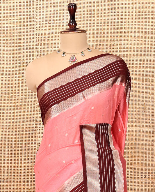 Peach Assam Silk Saree, Mesmerized with Zari Buttas, Complemented by Contrast Traditional Zari Border, Striped Pallu, and Contrast Blouse