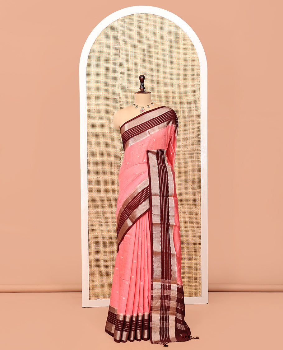 Peach Assam Silk Saree, Mesmerized with Zari Buttas, Complemented by Contrast Traditional Zari Border, Striped Pallu, and Contrast Blouse