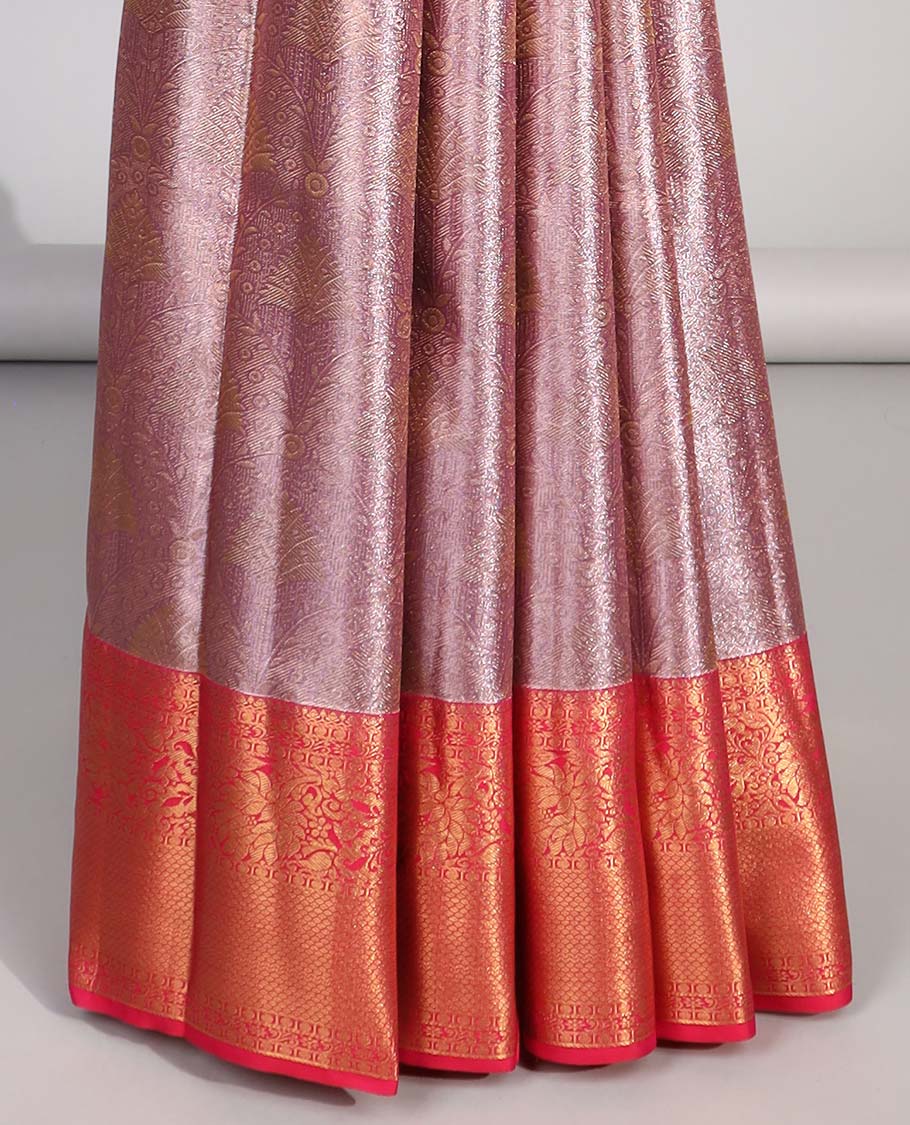Lavender geometric design budget silk saree with contrast floral zari bordr & intricate zari design pallu