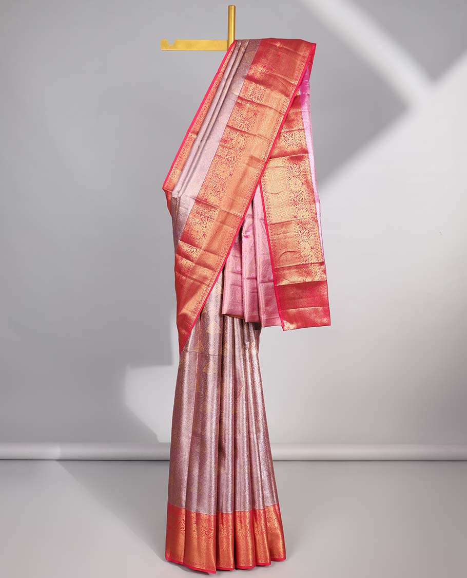 Lavender geometric design budget silk saree with contrast floral zari bordr & intricate zari design pallu