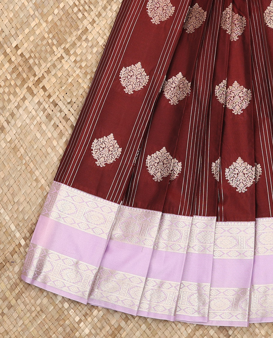 Maroon Budget Silk Saree Featuring a Zari Stripes and Zari Buttas, Highlighted by a Contrast Traditional Zari-Design Rettai Pettu Border, Pallu of Jaal Design, and Paired with a Contrast Blouse