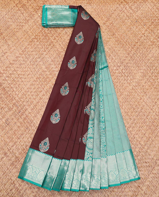 Maroon Budget Silk Saree, Beautified with Zari Buttas All Over Its Body, Complemented by a Contrast Traditional Zari Design Border, Grand Diagonal Striped Pallu, and Paired with a Contrast Blouse