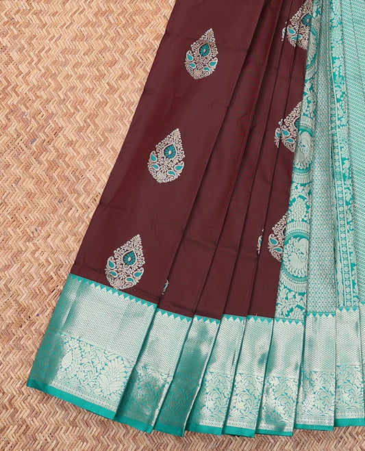 Maroon Budget Silk Saree, Beautified with Zari Buttas All Over Its Body, Complemented by a Contrast Traditional Zari Design Border, Grand Diagonal Striped Pallu, and Paired with a Contrast Blouse