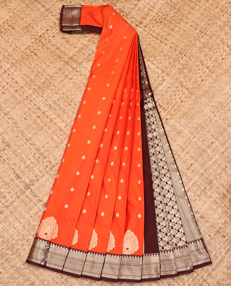 Orange Budget Silk Saree, Accentuated with Zari Buttas All Over Its Body, Complemented by a Contrast Traditional Zari Design Border, Intricately Designed Pallu, and Paired with a Contrast Blouse