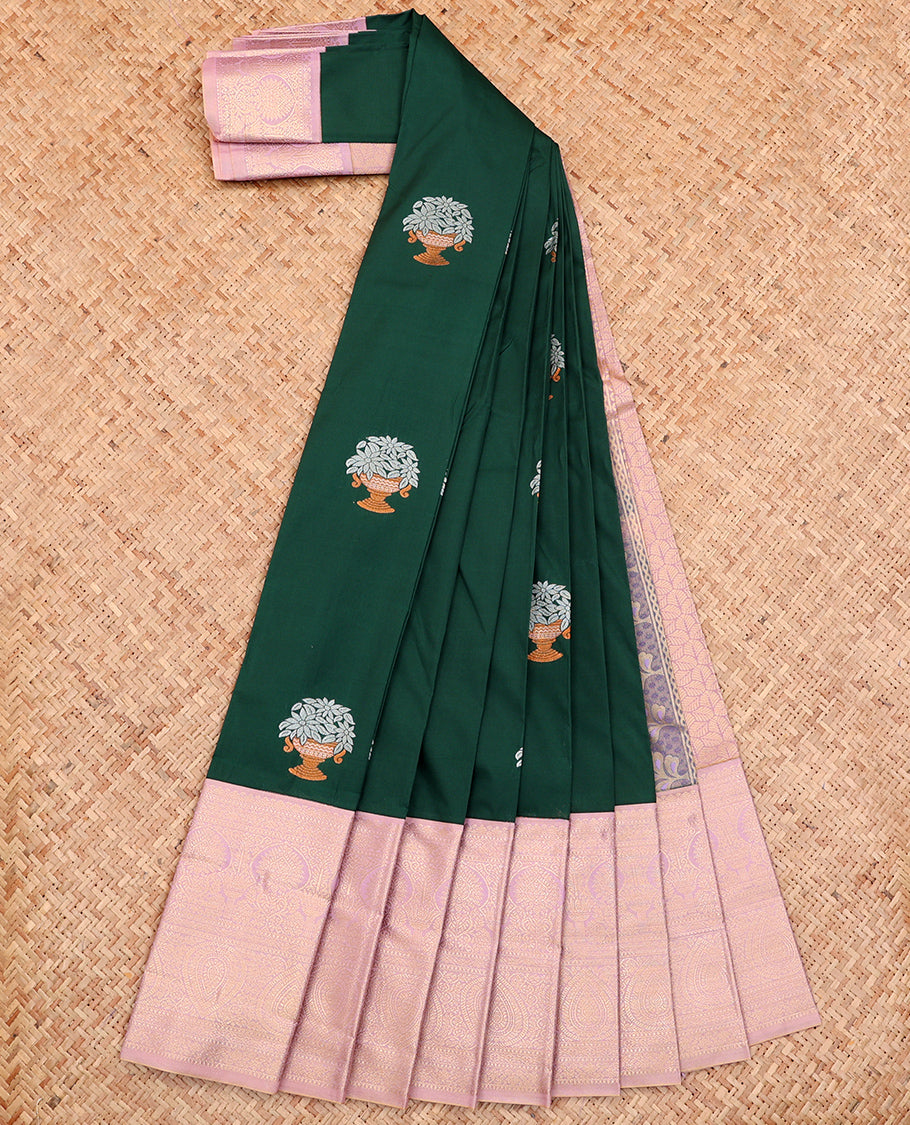 Green Budget Silk Saree, Elevated with Buttas All Over Its Body, Complemented by a Contrast Traditional Zari Design Border, Grand Pallu, and Paired with a Contrast Blouse