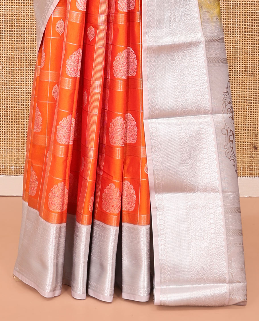 Orange Budget Silk Saree, Featuring Zari Butta Enclosed Checks, Complemented by Contrast Traditional Border, Intricate Pallu, and a Contrast Blouse