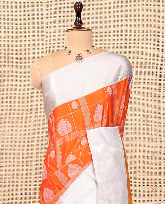 Orange Budget Silk Saree, Featuring Zari Butta Enclosed Checks, Complemented by Contrast Traditional Border, Intricate Pallu, and a Contrast Blouse