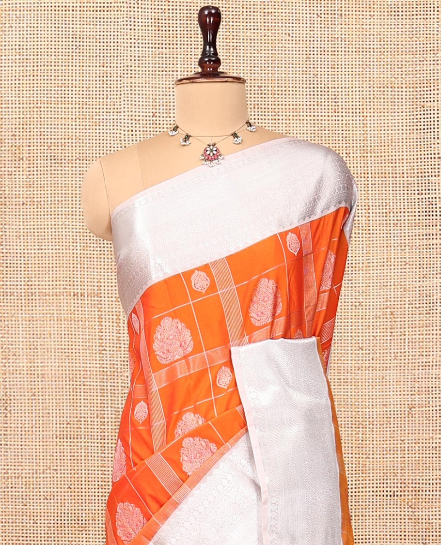Orange Budget Silk Saree, Featuring Zari Butta Enclosed Checks, Complemented by Contrast Traditional Border, Intricate Pallu, and a Contrast Blouse